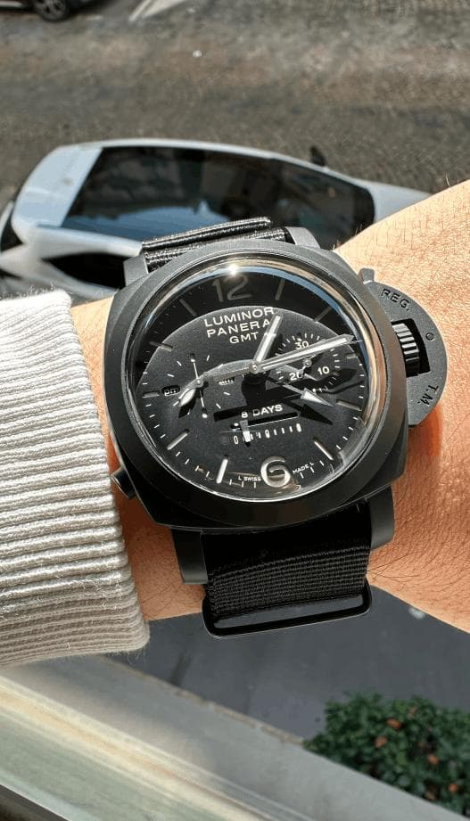 Close-up of a wristwatch dial and case